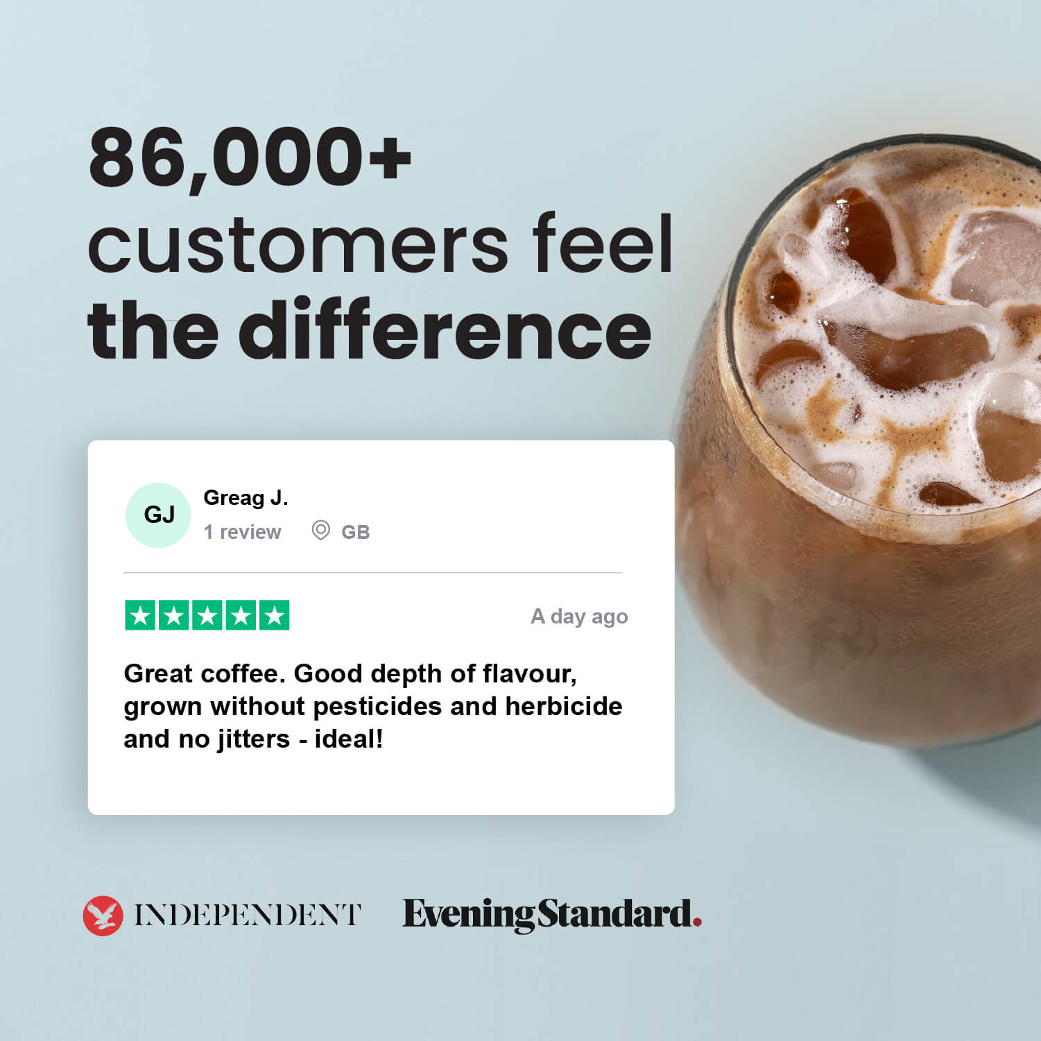 Glass of iced Balance Coffee alongside a glowing customer review highlighting good depth of flavour
